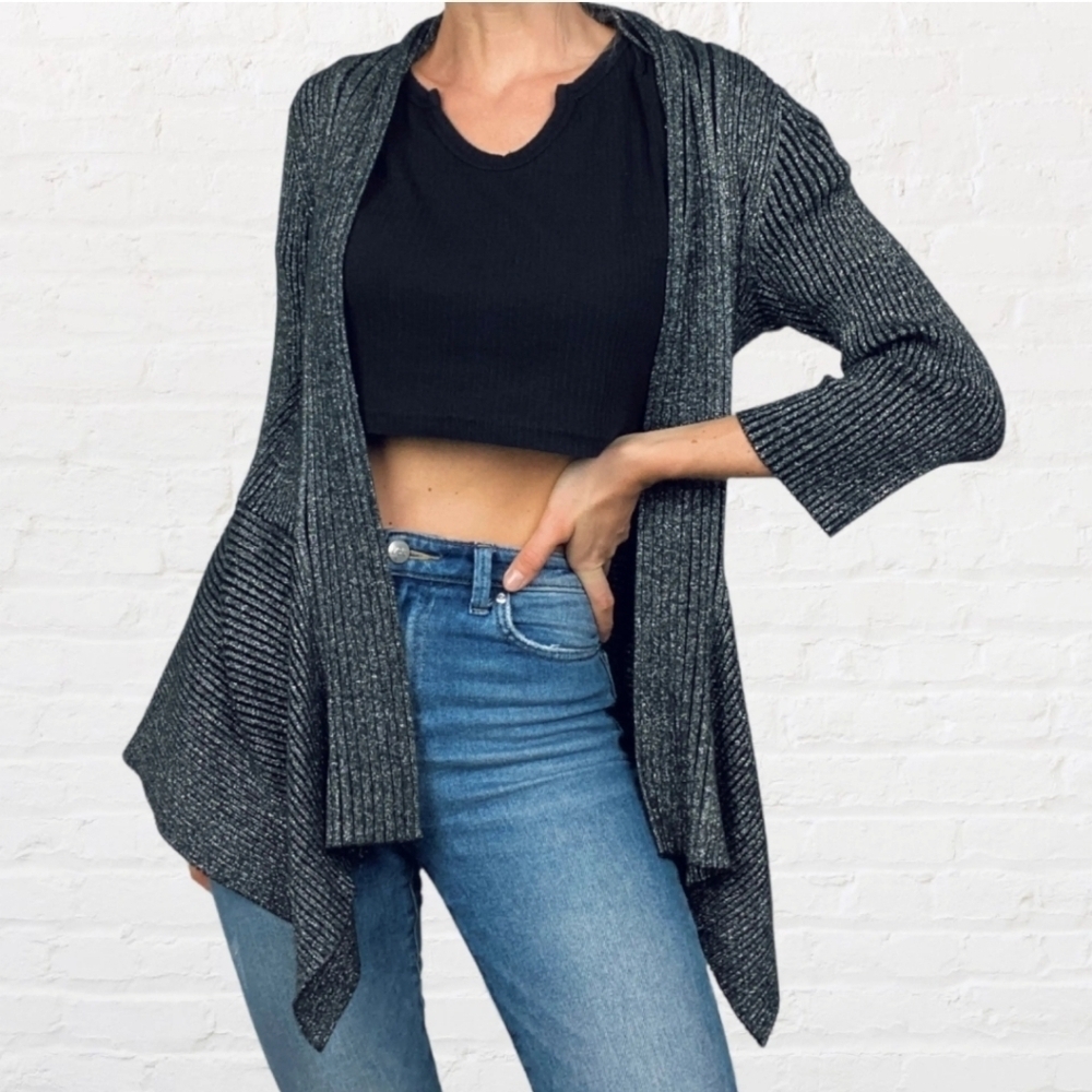 Investments ¾ Sleeve Black Metallic Open Front Cardigan Sweater Size Women's 2X